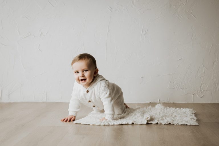Cake Smash Photographer Millyard Studios White and Pinecone Theme