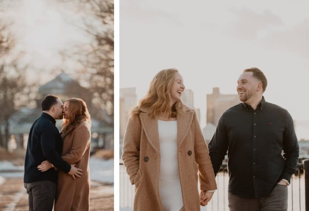Couple kissing in a snowy Boston park at sunset during engagement session