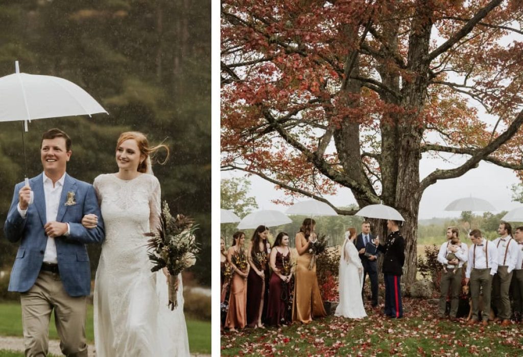 Bride walking down aisle under umbrella with wedding guest during outdoor ceremony on rainy day