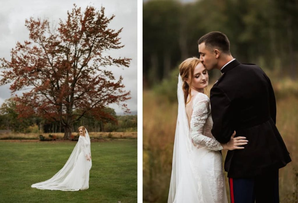 Bride in long veil standing beneath vibrant red fall tree at outdoor New Hampshire wedding venue