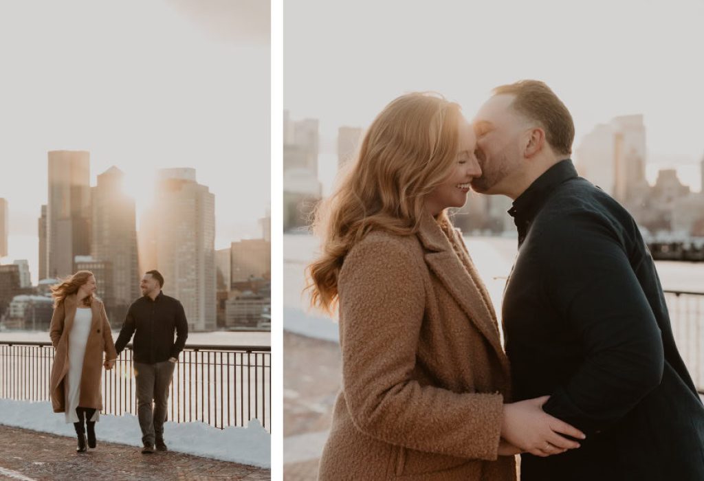 Candid kiss between engaged couple in winter clothes during golden hour