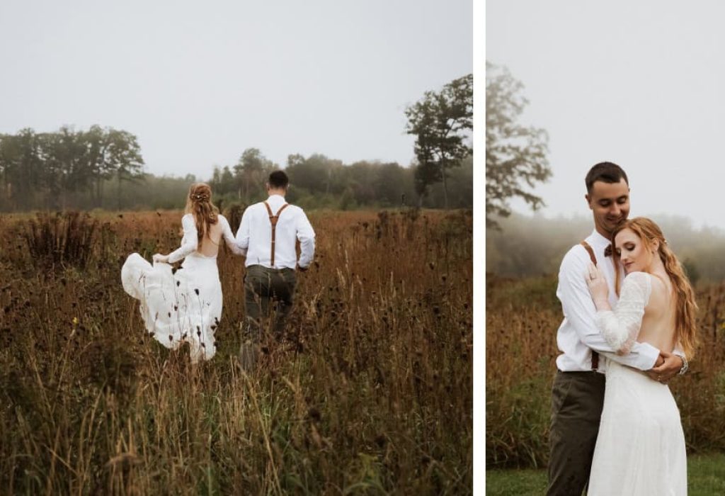 Groom holding bride with closed eyes during quiet and romantic moment at foggy fall wedding in NH