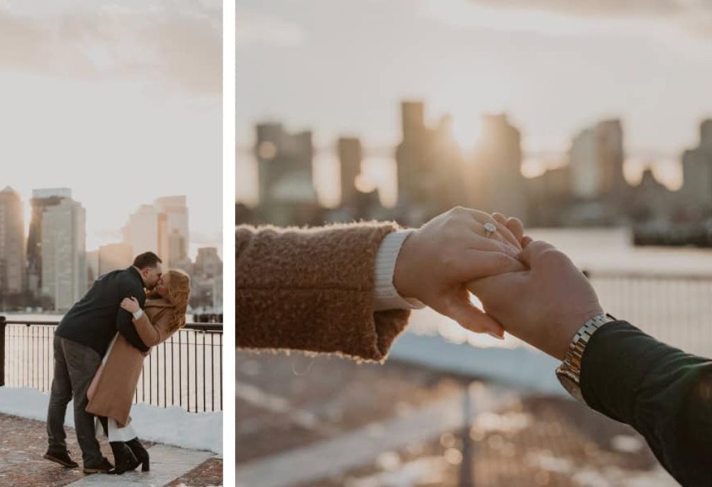 Engaged couple walking along waterfront with city skyline at sunset