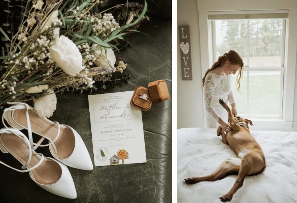 Flat lay of wedding invitation, white bridal shoes, engagement ring, and bouquet taken at New Hampshire wedding