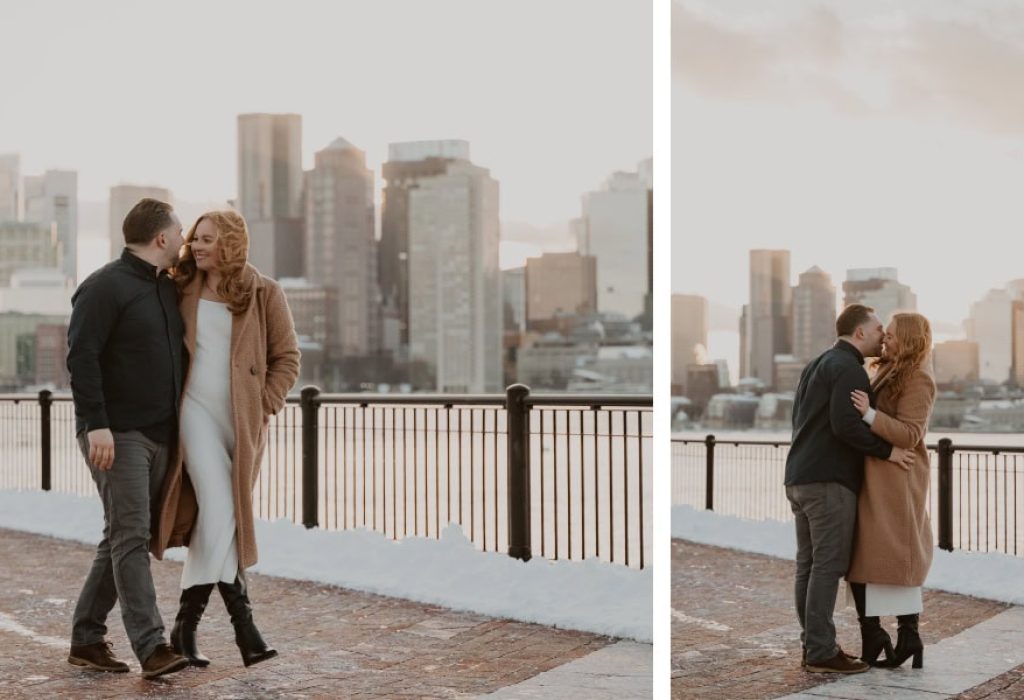 Winter engagement session by the water with romantic city view
